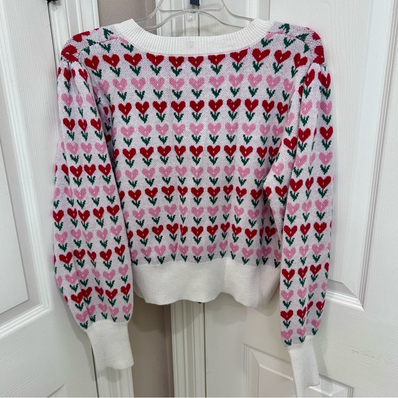 Jessica Simpson Heart Print Button Cardigan L Pink Red White Knit Cottage Boho - Picture 6 of 8